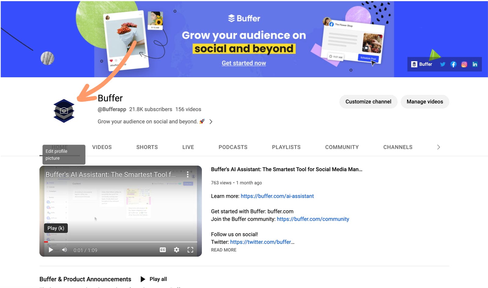 Screenshot of Buffer's YouTube channel page.